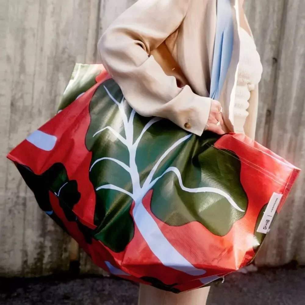 Marimekko IKEA‎ BASTUA Tote Large Red Green Rhubarb Leaf Reusable Shopping Tote
